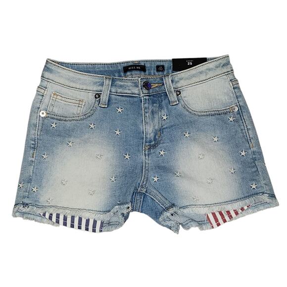 Miss Me Shorts Women 25 Blue Cut-Off Denim Fringe Embroidered Star Jeans NWT - Picture 1 of 7